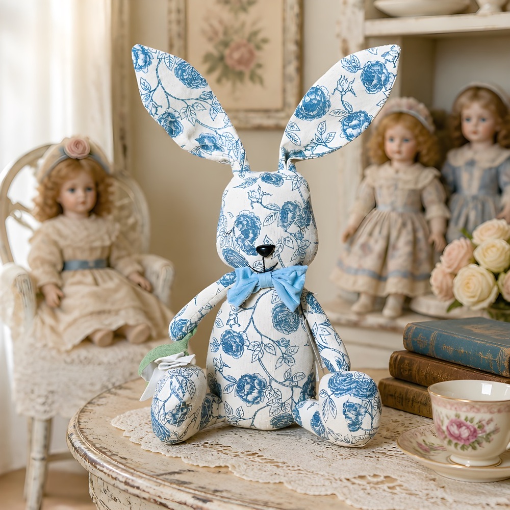 Bella Lux Shabby Chic Floral Fabric Canvas Hard Stuffed Bunny Rabbit
